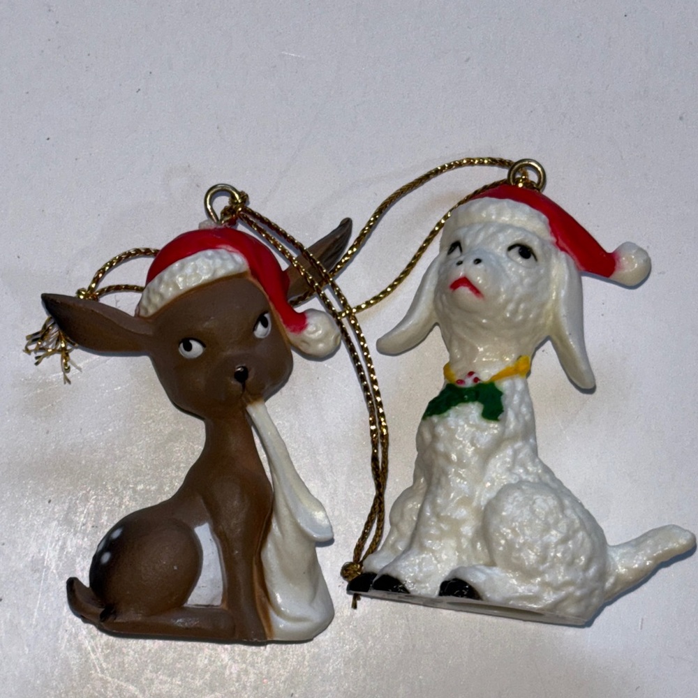 MCM ANTHROPOMORPHIC ANIMALS IN SANTA HATS Christmas Ornaments with Santa Hats